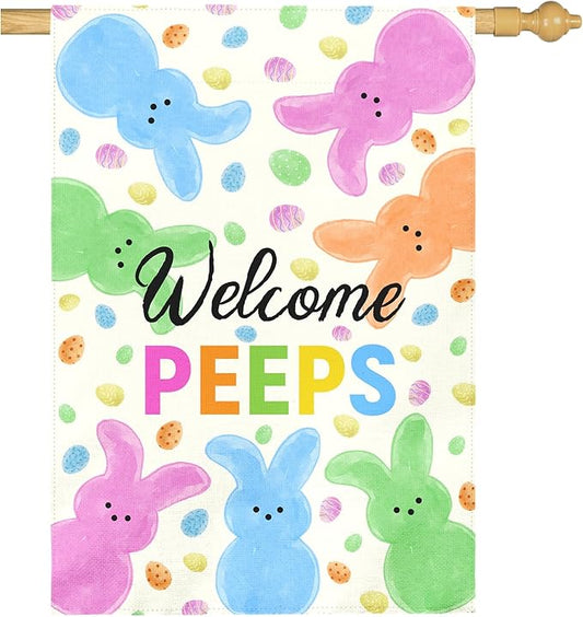 Welcome Peeps Easter Garden Flag 28x40 Inch Large Outdoor Spring Double Sided Bunny Egg House Banners Colorful Porch Garden Flag Holiday Home Flags Decor Durable Seasonal Welcome Sign