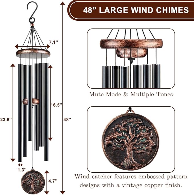 Large Wind Chimes for Outside, 48" Vintage Tree of Life Deep Tone Wind Chime Outdoor Clearance with Heavy Tubes, Patio Porch Garden Decoration, Memorial Gifts for Women Men Mom