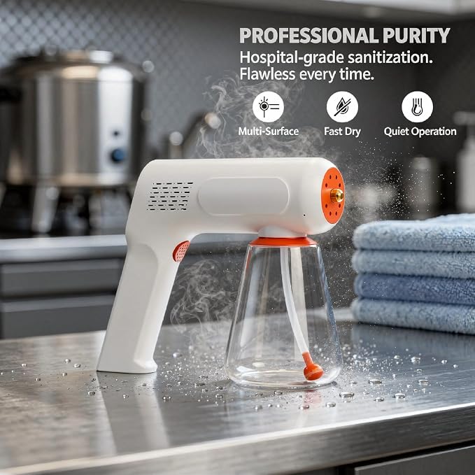 Handheld Electric Sprayer, Cordless Sanitization Fogger with Blue Light, Nano Spray Gun, 2-Gear Adjustable Atomizer, 2000 Mah Battery for Home, Office, Car