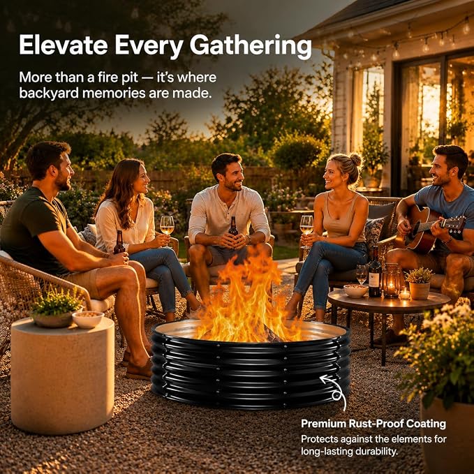 60" Extra Large Fire Pit Ring – Outdoor Wood Burning Fire Pit with Heat-Resistant Coating, 12" Deep Design for Bigger Backyard Gatherings – Heavy Duty Galvanized Steel for Patio, Camping & Bonfires