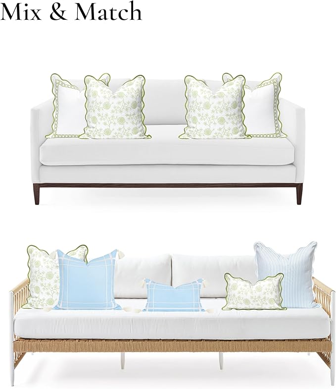 Hofdeco Premium Coastal Patio Indoor Outdoor Scalloped Throw Pillow Cover Only, 20"x20" Water Repellent for Backyard, Couch, Green Print Dahlia Floral