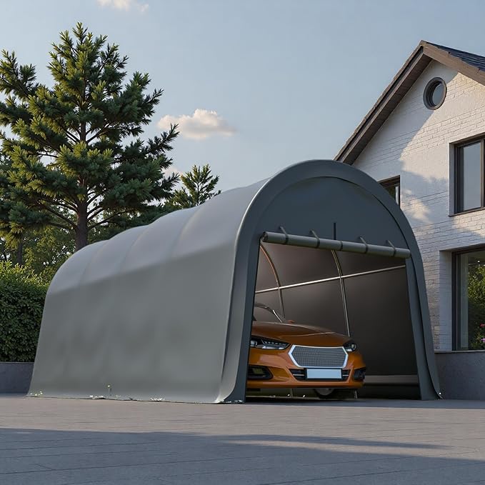 10x20 FT Anti-Snow Carport, Heavy-Duty Portable Garage with Steel Frame & Vented Roof, Removable Double-Zipper Door, Waterproof Outdoor Storage Shelter for Trucks, Boat, Easy Assembly, Grey