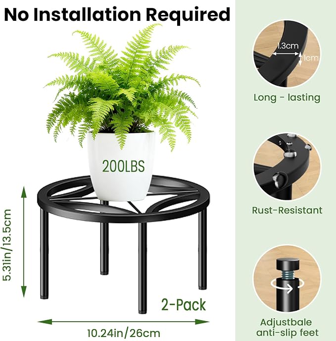 TOSKING 2-Pack Fully Assembled Heavy Duty Low Metal Plant Stand, Geometric Flower Pot Holder for Heavy Potted Plant, Rustproof Iron Plant Riser with Adjustable Feet, 200 LBS Capacity, No Installation Required,Indoor/Outdoor, Black (10.24"Dia x 5.3"H)