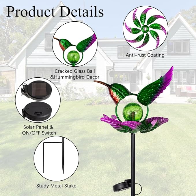 Solar Wind Spinners Outdoor,Green Hummingbird Garden Wind Spinner for Yard Art Lights,Waterproof LED Cracked Glass Ball Pinwheel for Outdoor Yard Lawn Patio Decorations