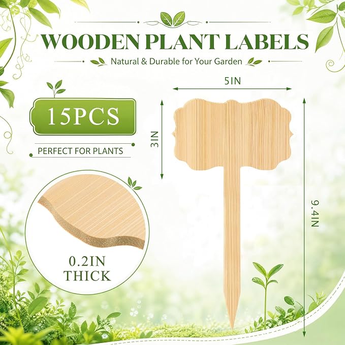 Hicarer 15 Pcs 9.4" x 5" Extra Large Bamboo Garden Markers, Retro Style Natural Wood T-Type Large Plant Labels for Herbs, Flowers & Vegetables – Easy to Read Full-Size Tags for Garden Outdoor