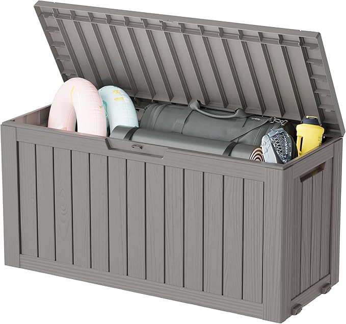 LHBGO 80 Gallon Deck Box Large Outdoor Storage Boxfor Patio Furniture,Outdoor Cushions, Garden Tools, Sports Equipment and Pool Supplies, Waterproof, Resin, Lockable