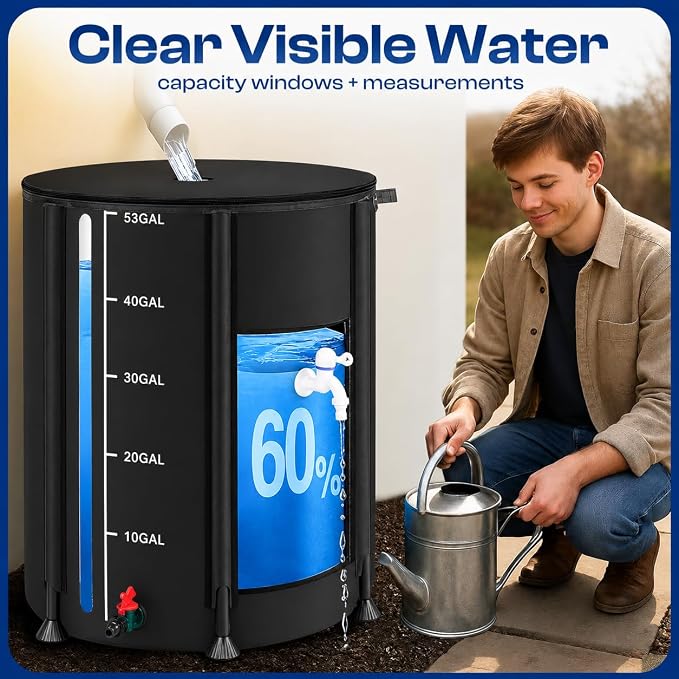 Collapsible Rain Barrel, Portable Rain Water Collection System Kit, 53 Gallon – Foldable Water Tank & Storage Reservoir with Spigot for Garden, Lawn, & Emergency Use