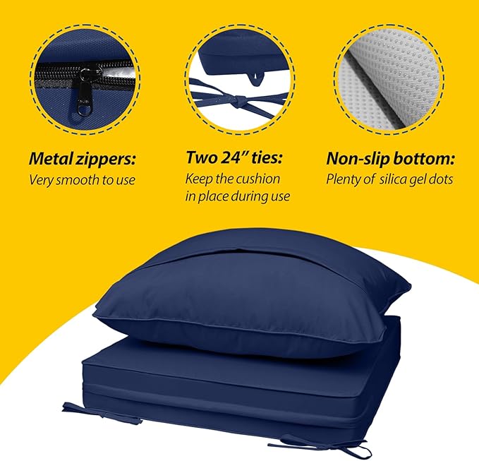 AAAAAcessories Outdoor Seat Cushions for Chairs, Fade-Resistant, Waterproof Patio Furniture Replacement Cushions, 21" x 19" x 3" + 21" x 19", Navy Blue