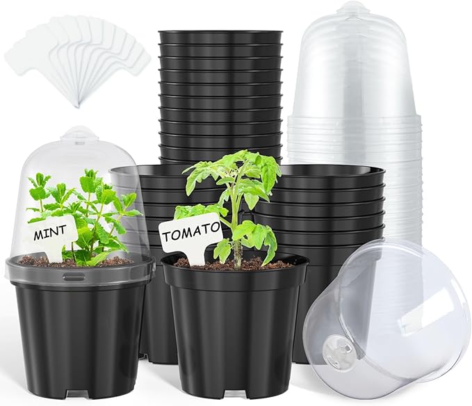 homenote Nursery Pots for Plants,4 Inch Plant Pot for Planting with Humidity Domes Plastic Seedling with Drainage Holes Seed Starter Flower with 10 Labels Black (30 Pack)