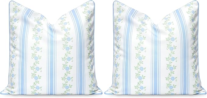 Hofdeco Premium Coastal Patio Indoor Outdoor Throw Pillow Cover Only, 20"x20" Water Repellent for Backyard, Couch, Baby Blue Print Stripe Floral (Pack of 2)