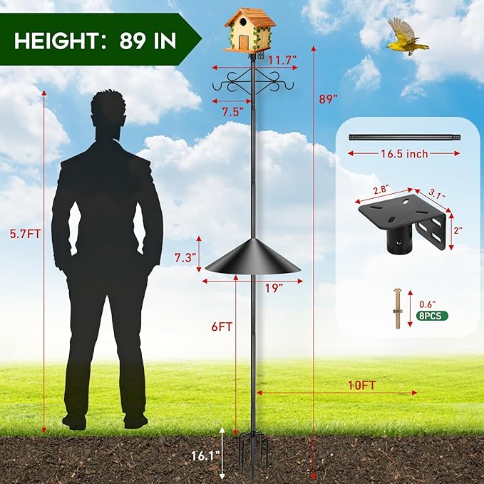 Gbekery 89 inch Double Hooks Heavy Duty Bird Feeder Pole with Squirrel Baffle for Outdoors,5-Prong Base Adjustable Bird House Pole for Smart Camera Birdfeeder,Bluebird House