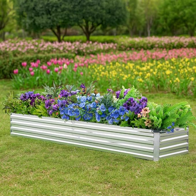 Meberam 2 Pack 8x2x1FT Galvanized Raised Garden Bed Kit, Outdoor Metal Planter Box for Vegetables, Bottomless Rectangular Gardening Bed with Support Rods, Tool-Free Assembly, Silver