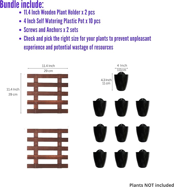 ShopLaLa Bundle- 2 Pack, 11.4 Inch Wooden Plant Holder + 10 Pack, 4 Inch Self Watering Plastic Pot Hanging Vertical Wall Mount Hydroponic Garden Indoor Frame Display Live Air Plants Orchids Decoration