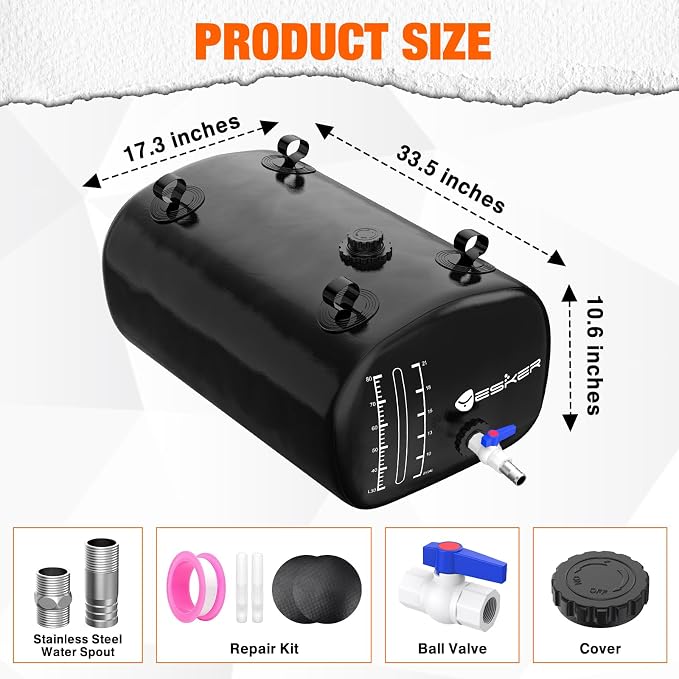 Yesker Portable Water Storage Bladder 30 Gallon – Heavy-Duty 1000D PVC Foldable Water Bladder Tank with 3/4" PVC Spigot for Garden, Camping & Car Use, Black