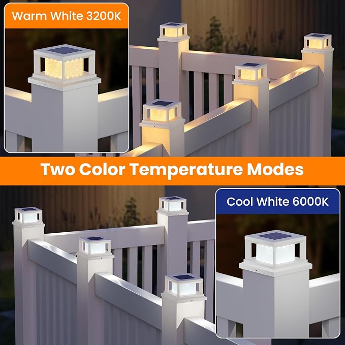 Mlambert 4 Pack Solar Post Lights Outdoor, 2 Modes LED Fence Cap Light for 4x4 Post, Waterproof Deck Light Patio Garden Decor, Warm/Cool White, White