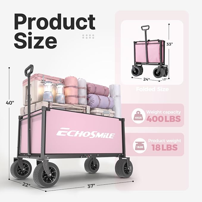 EchoSmile Collapsible Wagon Cart for Camping & Beach - Heavy Duty 400lbs Capacity All-Terrain Cart with Wide Wheels, Portable Folding Utility Wagon for Grocery, Garden, Sports,Pink&Gray