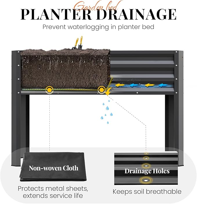 KING BIRD Large Raised Garden Bed with Legs & Storage Shelf Galvanized Elevated Planter Box for Backyard, Patio, Balcony, 400lb Capacity, Dark Grey 48×24×31.5 in