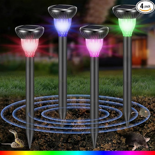 4 Pack Solar Ultrasonic Animal Repellent with RGB Color-Changing Lights, 360° Sonic Pest Deterrent for Outdoor Lawn & Garden, Solar Powered Mole, Gopher & Snake Repellent Stakes
