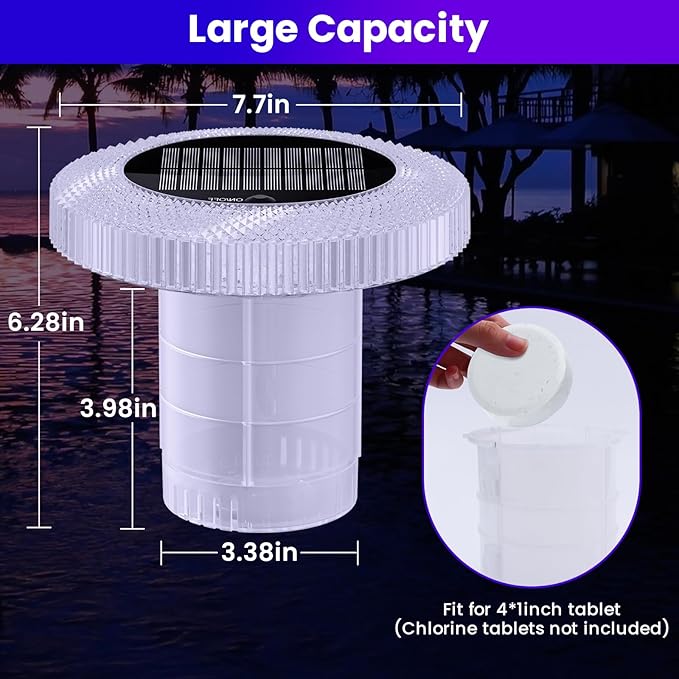 Solar Pool Chlorine Floater with Colorful Lights, Remote-Controlled Lights Adjustable Release Easy-Open Chlorine Floater Dispenser for Pool Large Capacity for 3'' or 1'' Tablets