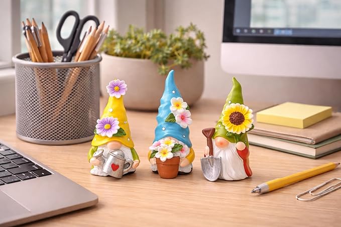 Hodao Spring Decorations for Home - Colorful Garden Gnomes Figurines with Flowers & Tools – Spring Summer Indoor Decor for Table, Lawn, Window Sill – Gift for Garden Lovers