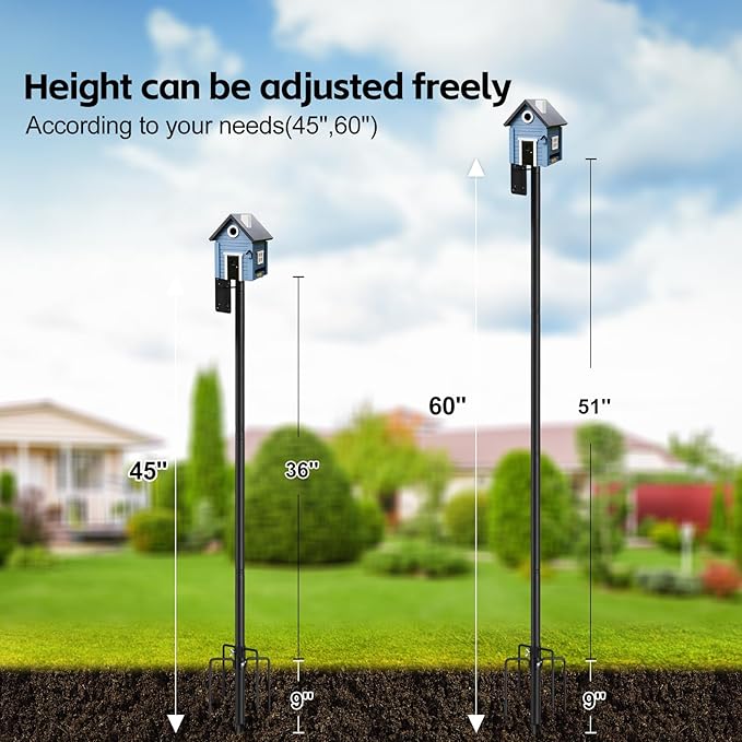 Bird House Pole,60" Outdoor Bird Feeder Pole Kit Stand with 5-Pronged Base, Adjustable Height & Universal Mount for Easy Setup, 2 Installation Methods, Matte Black Finish (Without Bird House)