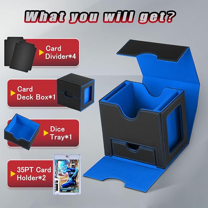Card Deck Box for MTG with Commander Display Fits 100 Double-Sleeved Cards, Deck Case for EDH/TCG/Sports Cards with 2 Magnetic Card Holders (Black Blue)