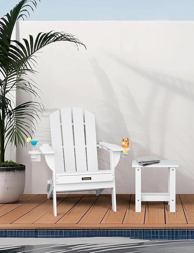 Folding Adirondack Chair Set of 6, Wooden Textured Plastic Adirondack Chairs with 2 Cup Holder, Weather Resistant HDPE Fire Pit Chair, Outdoor Patio Chairs for Garden, Backyard, Lawn, Deck, White