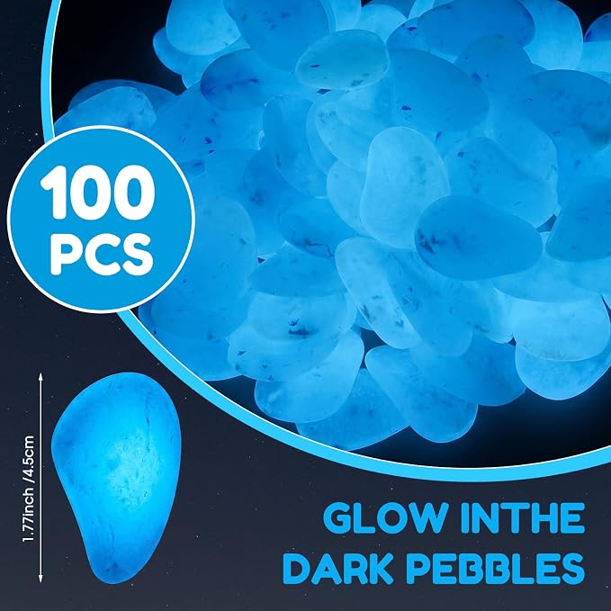 Landical 100 Pcs 1.8 Inch Large Glow in The Dark Rocks Pebbles Outdoor Fish Tank Rocks Aquarium Gravel Luminous Stones for Walkway Succulent Plant Halloween Decor (Blue)