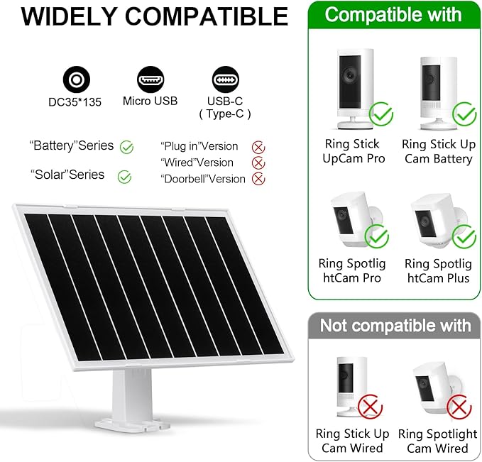 2 Pack Solar Panel for Security Camera, 8W Camera Solar Panel, Compatible for Wyze/Eufy/Ring Rechargeable Battery Camera, with USB-C/DC35135 & Micro-USB, 9.5ft Cable, Waterproof Design/360°Adjustable