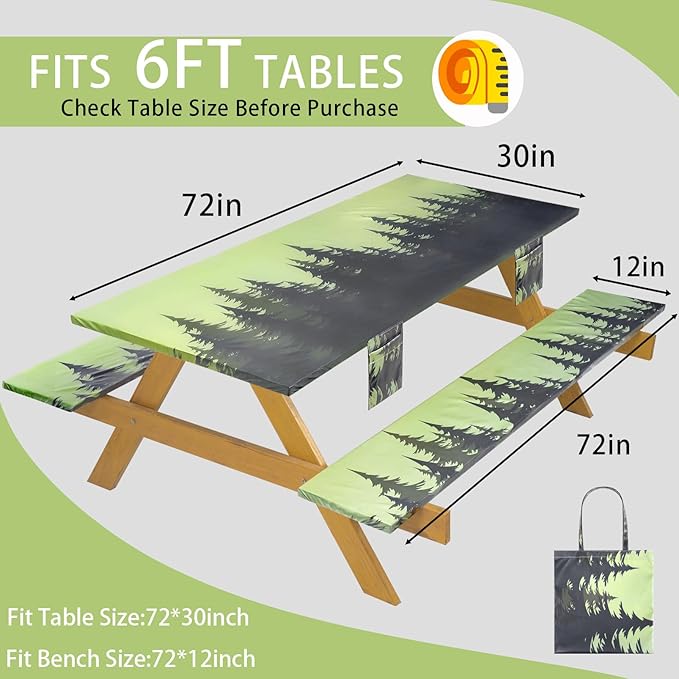 Fitted Waterproof Picnic Table Cover with Bench Covers Elastic 72×30In 3 Piece Camping Table Cloth for 6Ft Rectangle Tables Outdoor Camper Gifts Supplies Patio Rv Traveling Hiking Must Haves