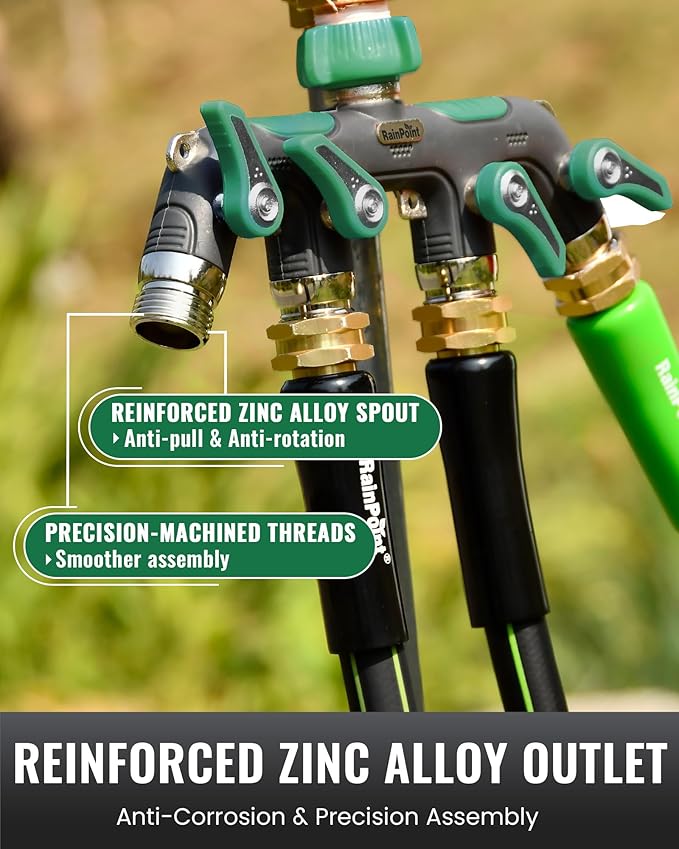 RAINPOINT 4 Way Garden Hose Splitter, 100% Metal Heavy Duty Water Hose Splitter with Individual Shut-Off Valves, 3/4" GHT High Flow Outdoor Faucet Splitter, 1.81" Extra Long Handle (Dark Green)