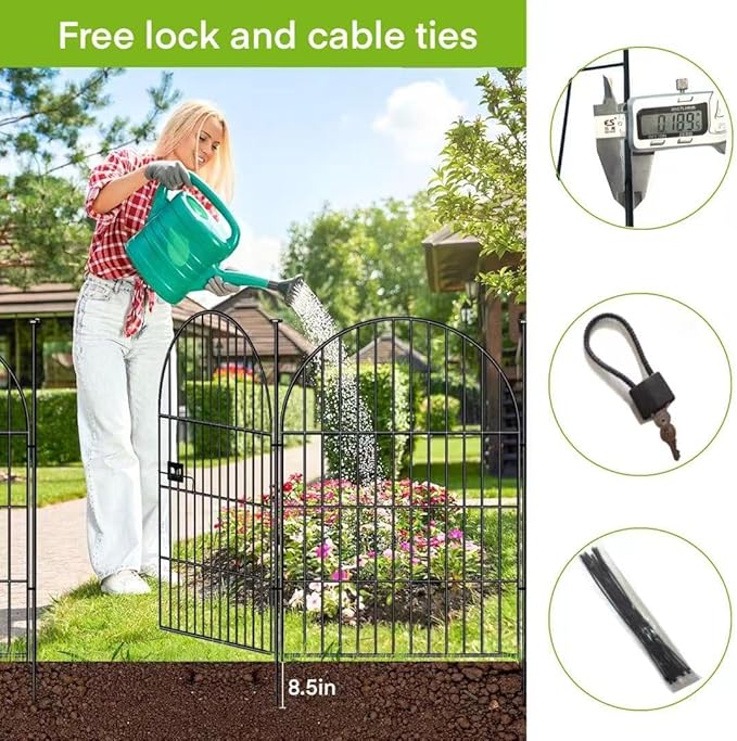 Adavin Tall Garden Fence Animal Barrier with Gate, 40 in(H)×8.8ft(L) 4 Panels No Dig Fence for Dogs, Rustproof Metal Wire Temporary Fences for Dogs Rabbits, Black Garden Fencing for Yard Lawn Patio