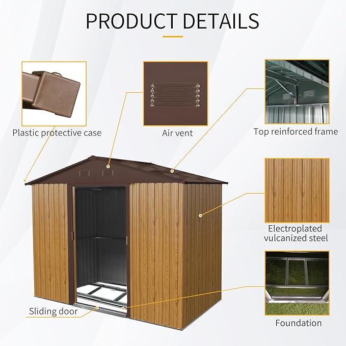 8x4 FT Outdoor Metal Storage Shed, Galvanized Steel Garden Shed with Window, Lockable Sliding Door, Sloped Roof, Ventilated Tool Storage House with Foundation Kit for Backyard Lawn Equipment, Coffee