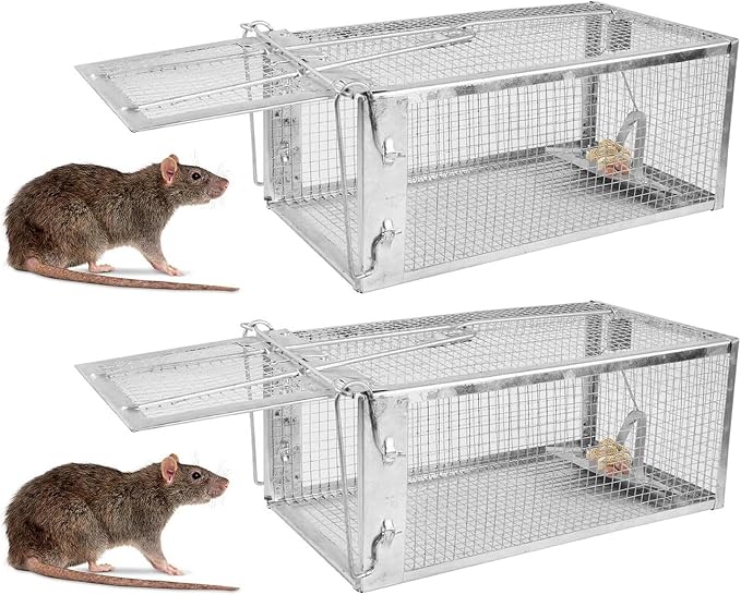 TeqHome Humane Rat Trap, 2 Pack Small Live Chipmunk Trap That Work for Indoor & Outdoor, Easy to Catch & Release, Live Animal Traps Mouse Cage Traps Reusable for Small Rodents Mice Voles Hamster