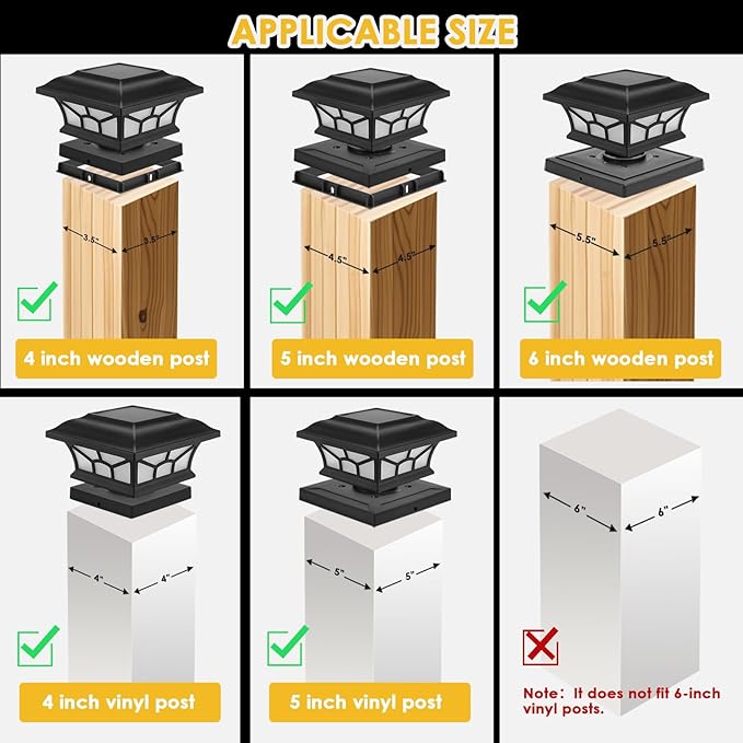 2 Pack Solar Post Cap Lights Outdoor Flickering Flame & Warm White, Fits 4x4 5x5 6x6 Wooden or Vinyl Posts, Waterproof Solar Fence Deck Lights for Yard Garden Patio Decoration.