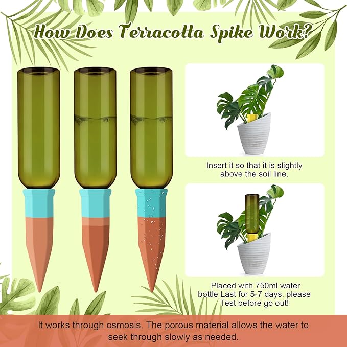 SiliFine 6 Sets Plant Watering Devices Include Terracotta Self Watering Spikes and 26 oz Plastic Bottles, Slow Release Vacation Insert Automatic Plant Waterer Device (Green and Mixed Color)