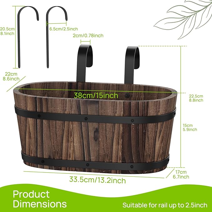 2pcs Railing Planter Boxes Wood Hanging Flower Pots for Railing Fence Outdoor Balcony Planters for Wall Window Flower Box Hanging Bucket Pots Countryside Plant Holder (Carbonized,2pcs,Large)
