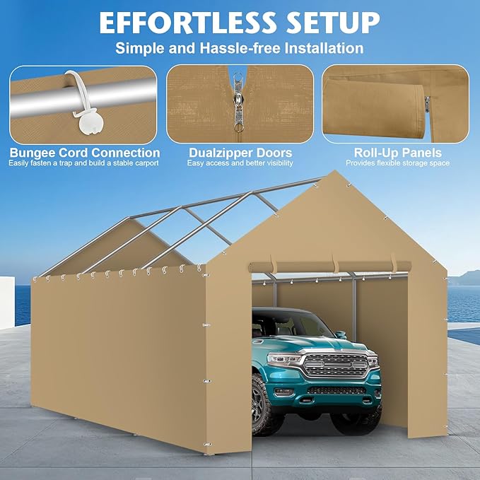 Carport Replacement Canopy Cover Sidewalls for 10x20x9.35FT Frame, Heavy Duty Garage Car Tent Shelter Tarp with Ball Bungees, Waterproof & UV Protected (Frame is not Included) (Khaki)