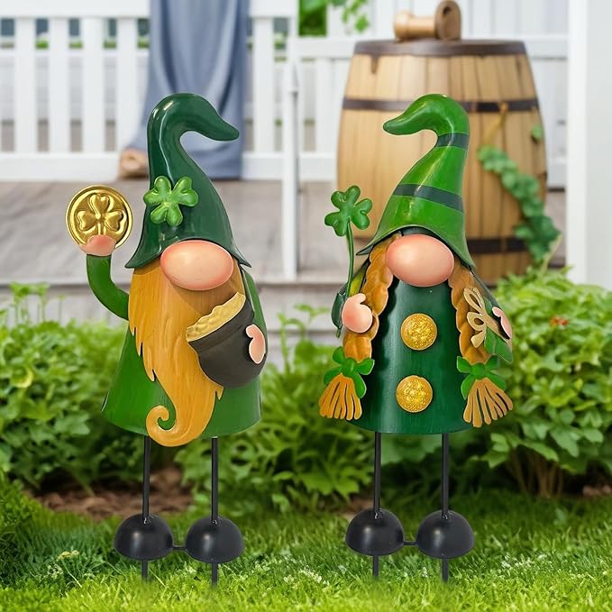 HONGLAND 18 Inch Spring Gnomes Outdoor Decor, 2Pcs Metal Gnomes Garden Stakes, Gnome Gifts for Women Outside Decorations for Yard Home Garden Lawn Patio