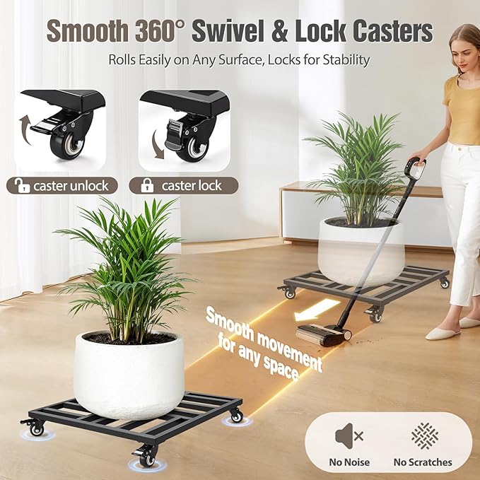 AugFir 22" Plant Caddy with Wheels Heavy Duty, 600lbs Rolling Metal Plant Stand, Square Plant Dolly with Lockable Caster Wheels for Large Planter Pots, Heavy Objects, Ideal for Indoor and Outdoor Use