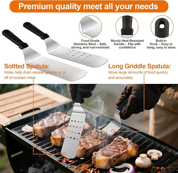 42PCS Griddle Accessories Kit for Blackstone and Camp Chef, Professional Flat Top Grill Tools Set with Enlarged Spatulas, Basting Cover, Scraper, Carry Bag, Complete Outdoor BBQ Grilling Set