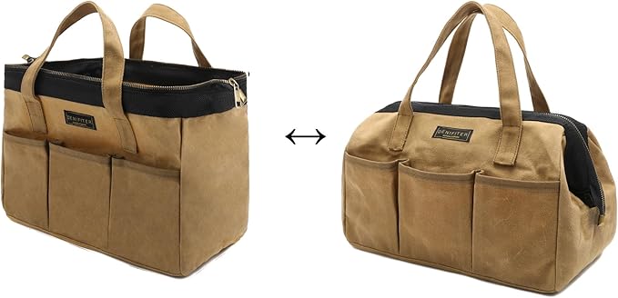 Tool Bag, 13-inch Heavy Duty Wide Mouth Water-Resistant Waxed Canvas Zipper Bag, Tool Tote with Handle for Tools, Wrenches, Screwdrivers (13 X 7.8 X 9 inch) | Khaki
