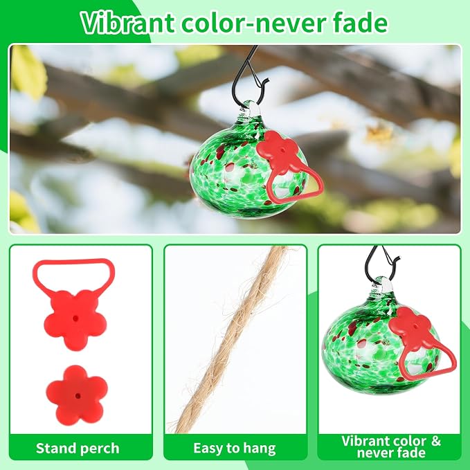 Pozfun Small Hummingbird Feeders for Outdoors Hanging,Hand-Blown Glass Hummingbird Feeder with Silicone Feeding Perch,Never Leak,Gardening Gifts for Woman Man(Green)
