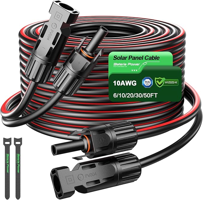 Bateria Power 6 Feet 10AWG Solar Panel Extension Cable, 10mm² Twin Wire Conductor Parallel Solar Wire Adapter Kit with Waterproof Female & Male Solar Connectors for RV, Marine, Photovoltaic Systems
