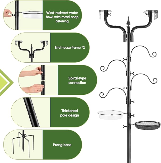 Upgraded Bird House Pole Heavy Duty Bird Feeder Pole Thickened Pole with 4 Hooks,Wind-Resistant Water Bowl,Mesh Tray,Y-Shape Platform Bird House Frame for Yard Garden Backyard(Not Include Birdhouse)