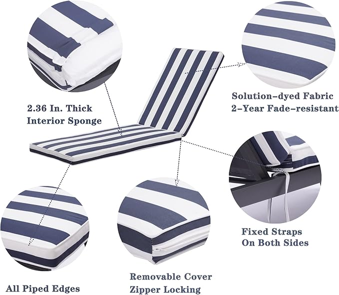 Only choice Outdoor Lounge Chair Cushions Patio Chaise Lounge Replacement Cushions Funiture Seat Cushions Chair Pads(Blue+White Stripes-1 pcs)