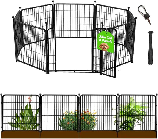Getlay 24 in(H) Decorative Garden Fences with Gate, 8 Panels Total 15.7 ft(L) Heavy Duty Iron Animal Barrier Fence for Yard,Suitable for Indoor Pet Fence Or Outdoor Dog Fencing, Garden Border Fence