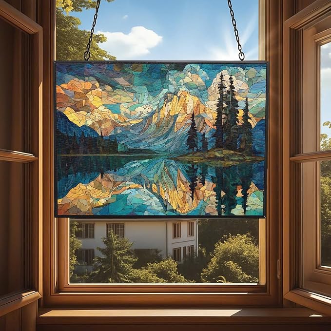 Rectangle Mosaic Mountain Reflection Lake Stained Glass Window Hanging, 15" W X 11" H Stained Glass Panel with Chain, Suncatchers for Windows Hanging Decorations, Gifts for Mom, Grandma