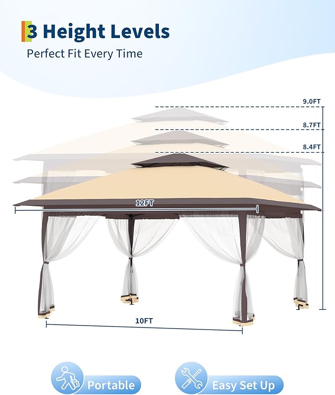 GarveeLife Canopy Tent 12x12 ft, Pop Up Gazebo One-Push Setup with 4 SandBags for Backyard Parties and BBQs, Mosquito Netting & Height Adjustable - Khaki & Coffee