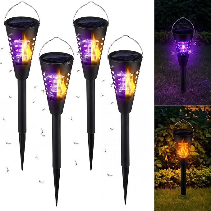 Qualirey 4 Pack Solar Bug Zapper & Mosquito Killer Outdoor Waterproof Cone-Shaped LED Light Mosquito Repellent for Patio, Garden, Yard, Camping - Hanging/Insertion Design (Flame & Purple Light)